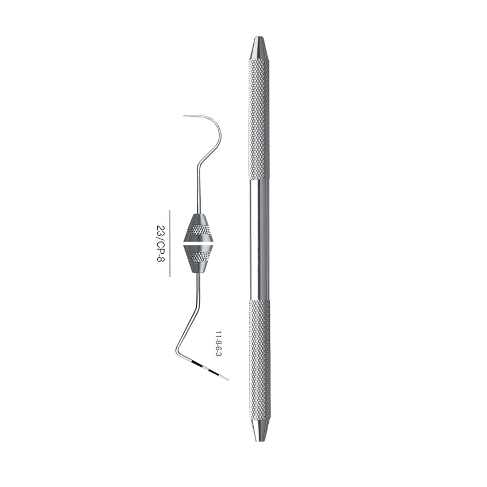 Explorer #23 CP-8 Sonden, schwarze Markierungen, 11-8-6-3 mm, Griff Satinstahl – Precision Dental, Sonden