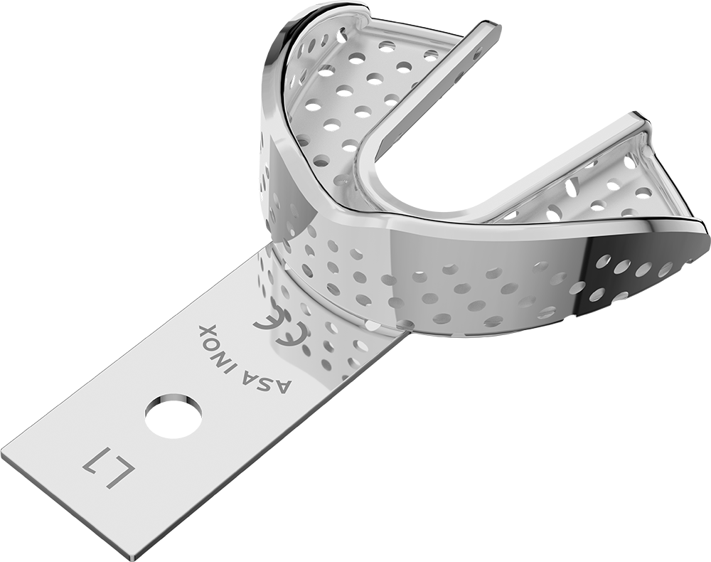 Perforiert, Edelstahl - PERMA-LOCK high grip - größerer Retentionsrand und intern mit Satineffekt, Abformmaterial hält ohne Haftmittel - UK - XXS 2804S-L1 – ASA Dental S.p.A. Uninominale, Einmalabdrucklöffel