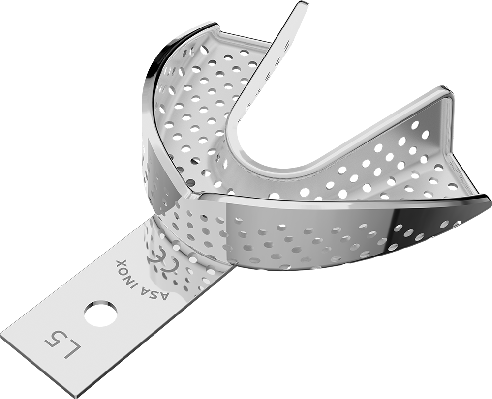 Perforiert, Edelstahl - PERMA-LOCK high grip - größerer Retentionsrand und intern mit Satineffekt, Abformmaterial hält ohne Haftmittel - UK - L 2804S-L5 – ASA Dental S.p.A. Uninominale, Einmalabdrucklöffel