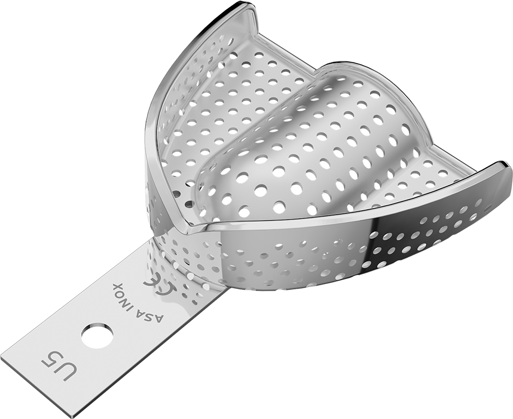 Perforiert, Edelstahl - PERMA-LOCK high grip - größerer Retentionsrand und intern mit Satineffekt, Abformmaterial hält ohne Haftmittel - OK - L 2804S-U5 – ASA Dental S.p.A. Uninominale, Einmalabdrucklöffel