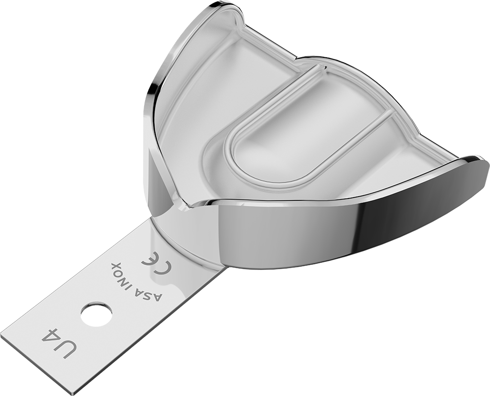 Edelstahl-Tablett für Abdrucklöffel - PERMA-LOCK high grip - größerer Retentionsrand und intern mit Satineffekt, Abformmaterial hält ohne Haftmittel - OK - M 2807S-U4 – ASA Dental S.p.A. Uninominale, Einmalabdrucklöffel