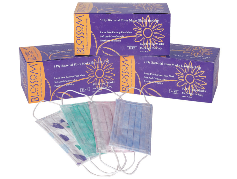 Blossom 3-lagige latexfreie Gesichtsmaske mit runden elastischen Ohrschlaufen (FM-W1004) – Blossom / Mexpo International Inc., Mundschutz