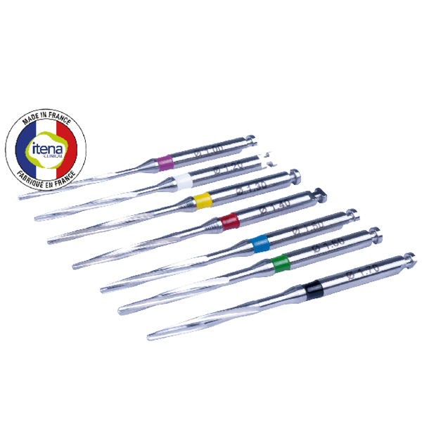 Excellence Set: 125 stainless steel posts and 125 calcinable cylindro-conical posts (10 white stainless steel posts + 10 yellow calcinable posts + 40 yellow stainless steel posts + 40 yellow calcinable posts + 40 red stainless steel posts + 40 red calcinable posts + 25 blue stainless steel posts + 25 blue calcinable posts + 8 green stainless steel posts + 8 green calcinable posts + 2 black stainless steel posts + black calcinable posts + 1 Pilot drill + 6 cylindro-conical drills)