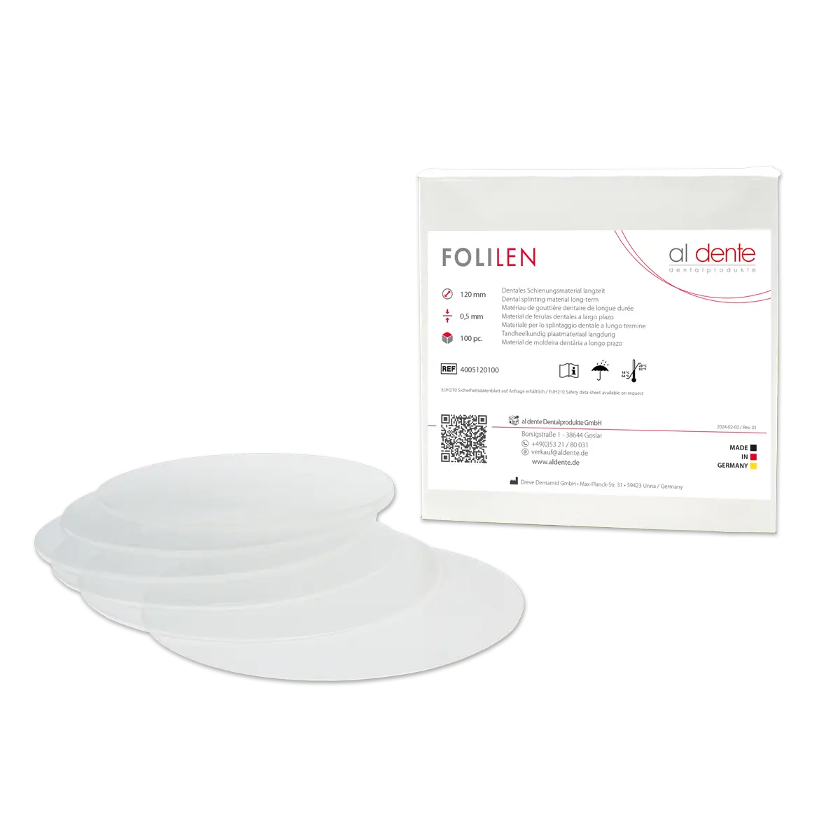 Folilen, opaque, 0,65 mm, 20 pcs., Ø 120 mm – al dente Dentalprodukte, Tiefziehfolien und -platten