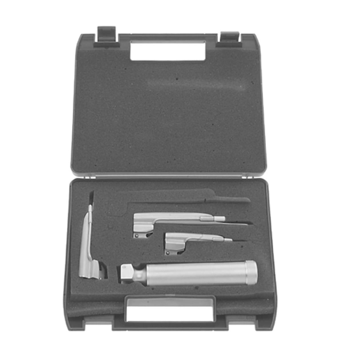 FOREGGER, Laryngoskop Satz, komplett, Fig. 1 – 4 mit 4 Spatel 04.224.00 – Dewimed Medizintechnik GmbH, Sonstige chirurgische Instrumente