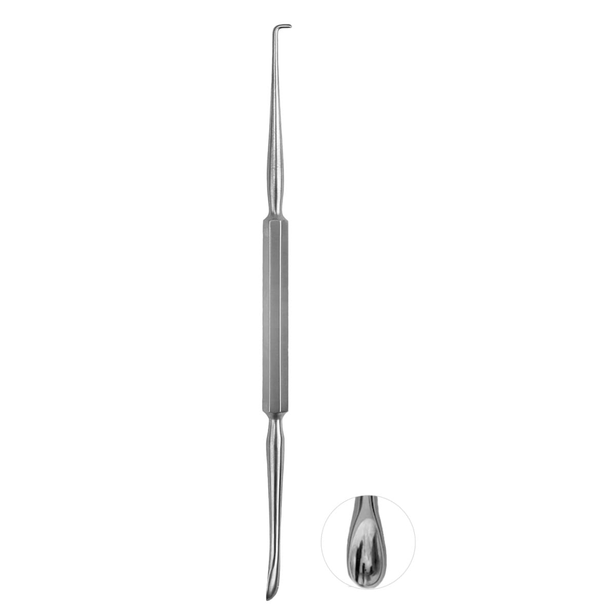 GROSS, Ohrloeffel und Haken, 12 cm Löffel gefenstert, Haken stumpf 7 x 2 Zähne 44.171.12 – Dewimed Medizintechnik GmbH, Sonstige chirurgische Instrumente