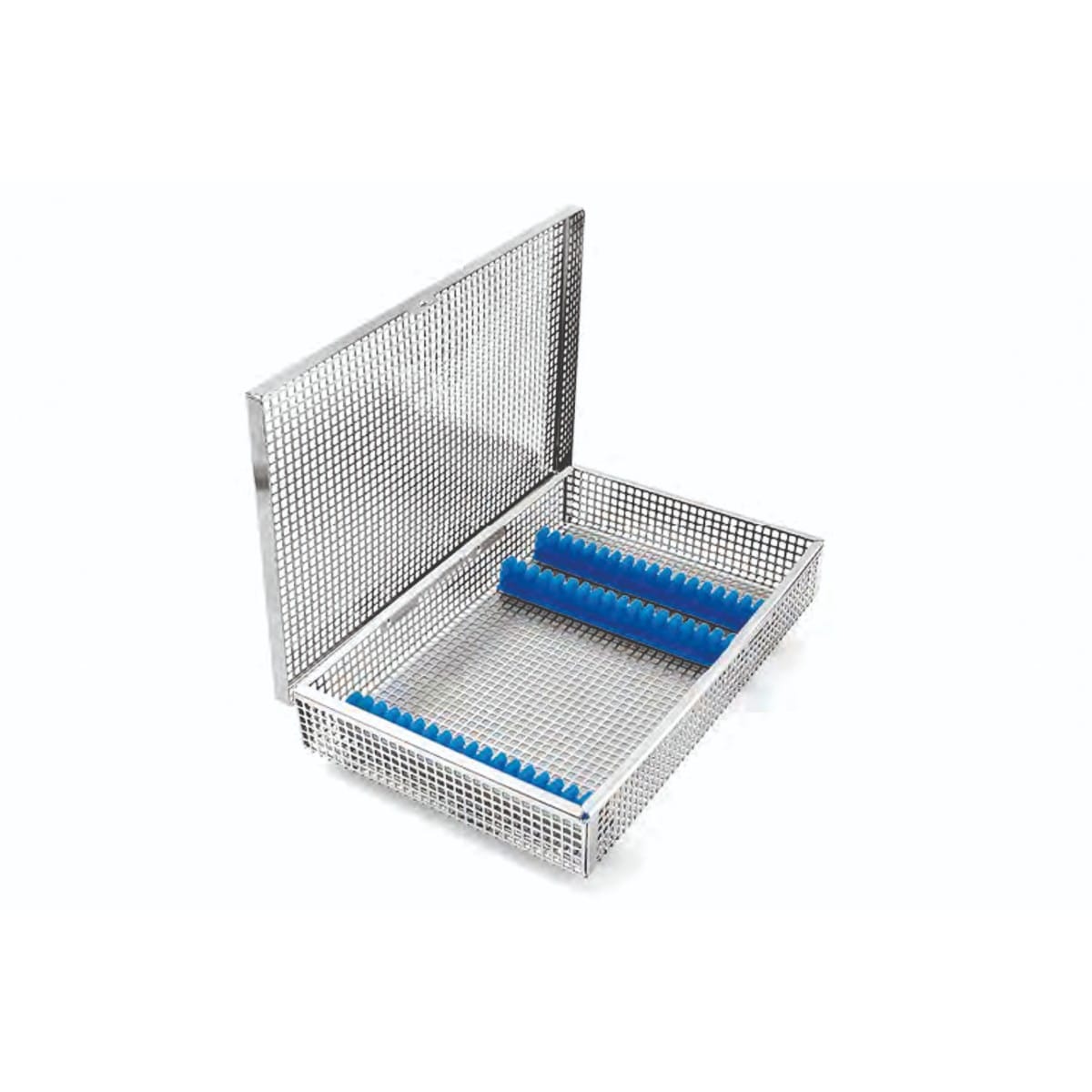 dental basket, 274 x 180 x 44 mm ø 5 holds 17 instruments with lid and silicone fixations systems 88.378.10K – Dewimed Medizintechnik GmbH, Trays, Sterilcontainer und Zubehör