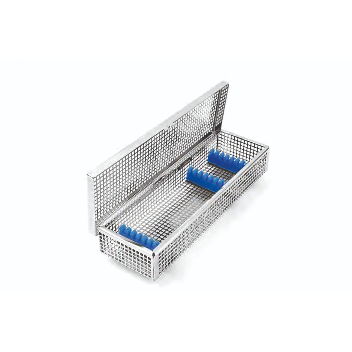 dental basket, 274 x 88 x 46 mm ø 5 holds 8 instruments with lid and silicone fixations systems 88.378.30K – Dewimed Medizintechnik GmbH, Trays, Sterilcontainer und Zubehör