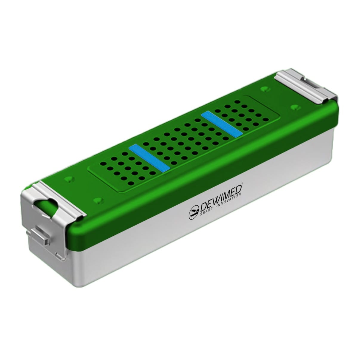 container scopy model with silicone holders, 275 x 70 x 65 mm green non-perforated bottom and perforated lid 88.510.30 – Dewimed Medizintechnik GmbH, Trays, Sterilcontainer und Zubehör