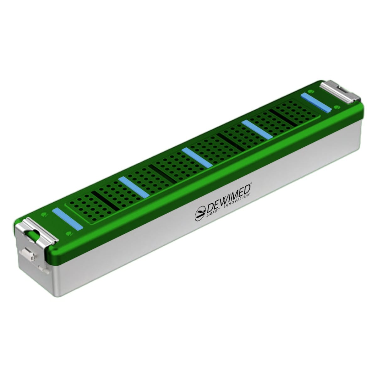 container scopy model with silicone holders, 470 x 82 x 74 mm green non-perforated bottom and perforated lid 88.510.90 – Dewimed Medizintechnik GmbH, Trays, Sterilcontainer und Zubehör