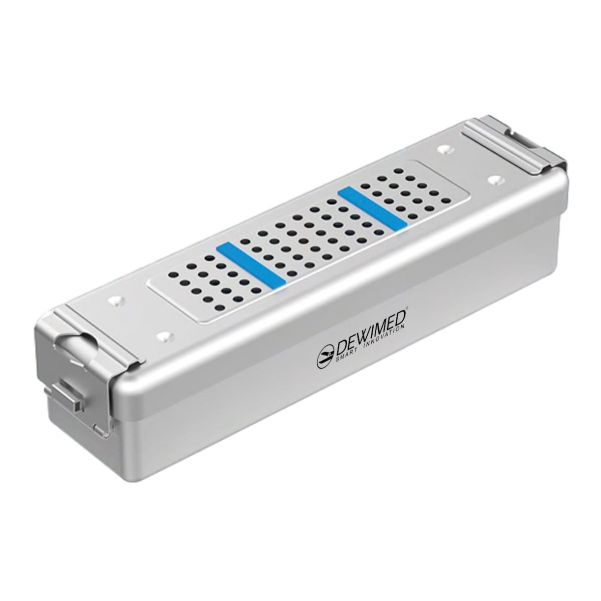 container scopy model with silicone holders, 275 x 70 x 65 mm grey perforated bottom and perforated lid 88.512.00 – Dewimed Medizintechnik GmbH, Trays, Sterilcontainer und Zubehör