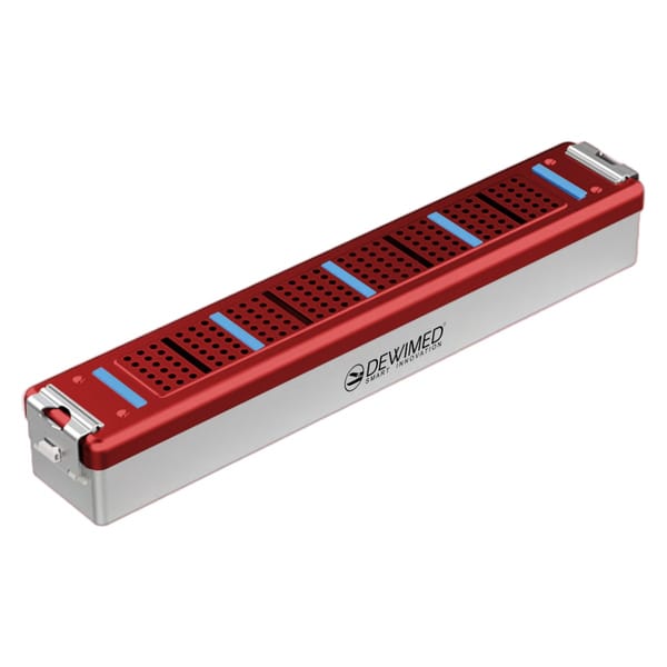 container scopy model with silicone holders, 470 x 82 x 74 mm red perforated bottom and perforated lid 88.512.22
