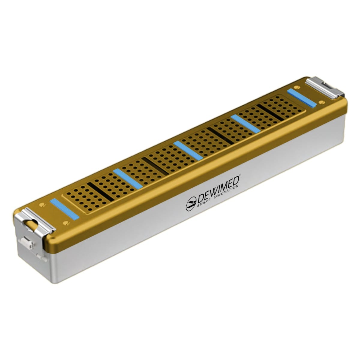 container scopy model with silicone holders, 470 x 82 x 74 mm yellow perforated bottom and perforated lid 88.512.50 – Dewimed Medizintechnik GmbH, Trays, Sterilcontainer und Zubehör