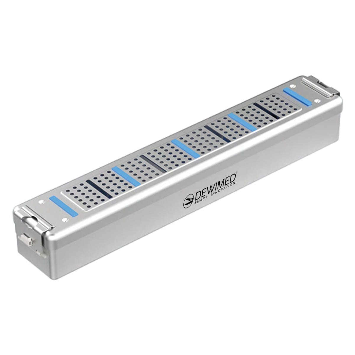 container scopy model with silicone holders, 470 x 82 x 74 mm grey perforated bottom and perforated lid 88.512.60 – Dewimed Medizintechnik GmbH, Trays, Sterilcontainer und Zubehör