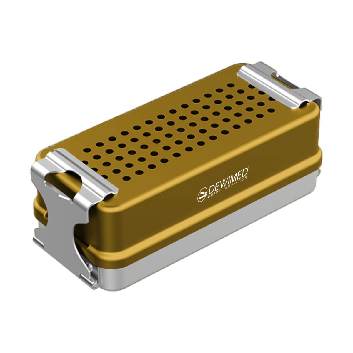 container mini implant, 160 x 72 x 57 mm yellow non-perforated bottom and perforated lid 88.520.40 – Dewimed Medizintechnik GmbH, Trays, Sterilcontainer und Zubehör