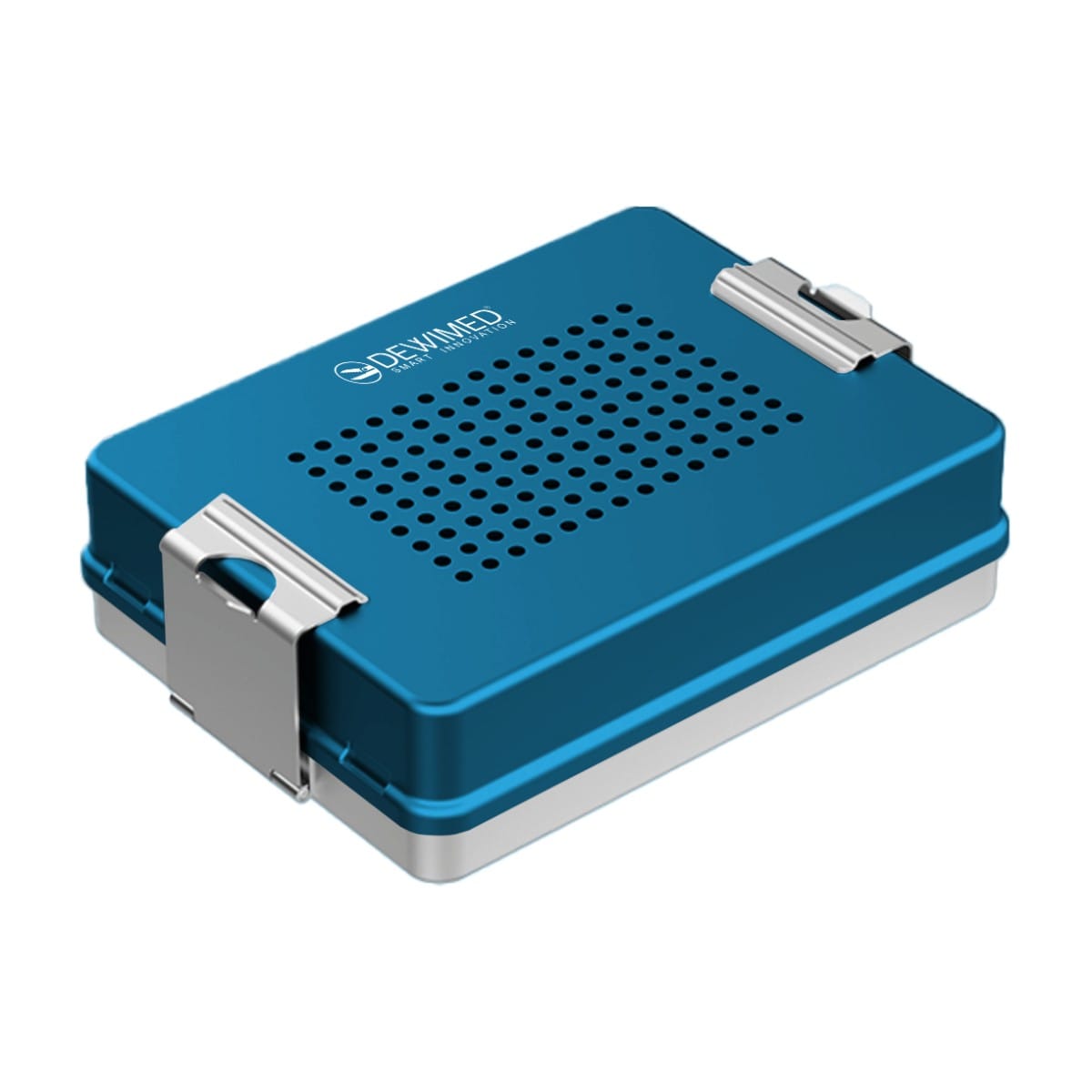 container mini implant, 200 x 147 x 57 mm blue perforated bottom and perforated lid 88.522.00 – Dewimed Medizintechnik GmbH, Trays, Sterilcontainer und Zubehör