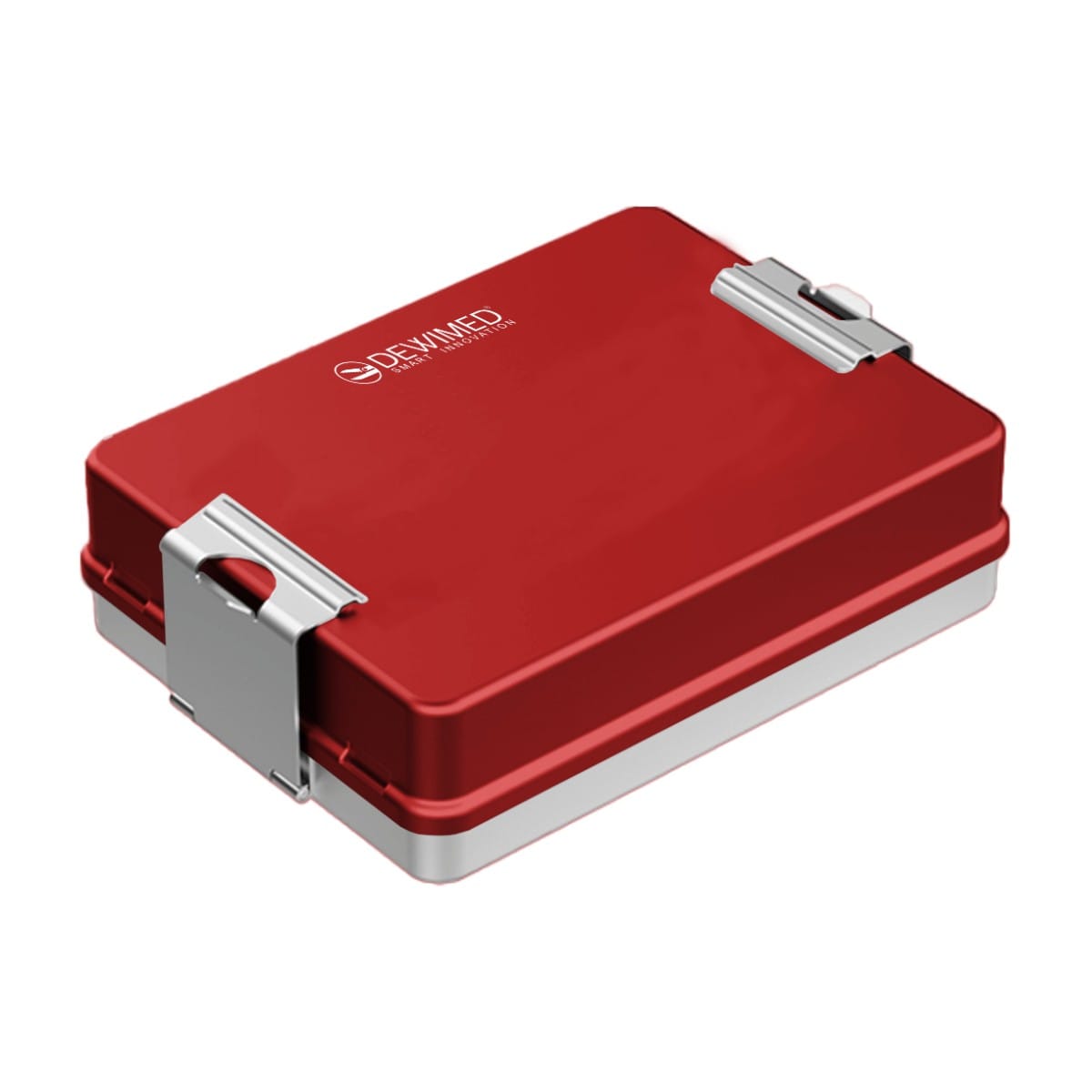 container mini implant, 200 x 147 x 57 mm red non-perforated bottom and non-perforated lid 88.523.19 – Dewimed Medizintechnik GmbH, Trays, Sterilcontainer und Zubehör