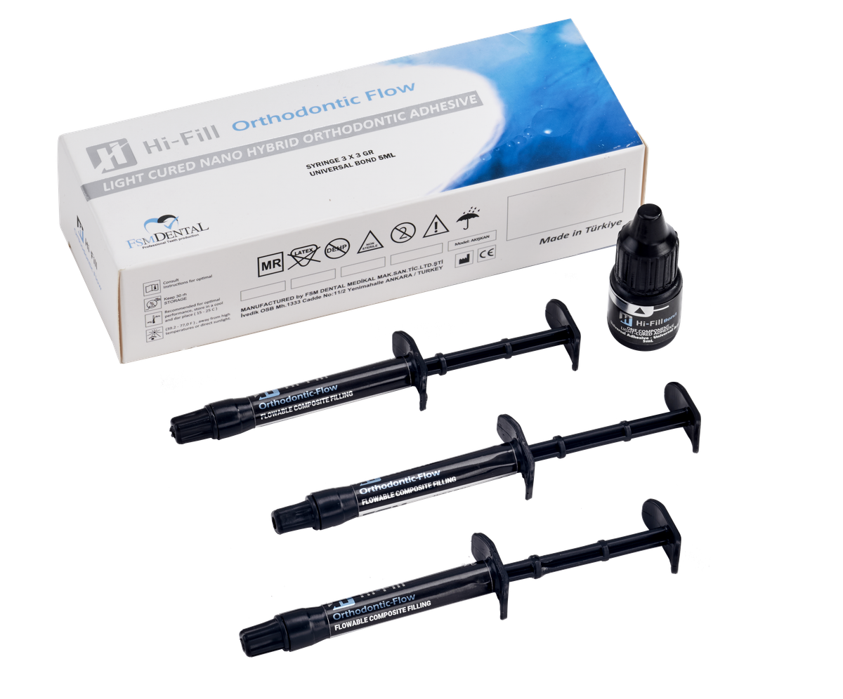 HI-FILL ORTHODONTIC FLOW SET / IŞIKLA POLİMERİZE OLAN NANO HİBRİT ORTODONTİK ADEZİV SET – FSM Dental Medikal Mak. San. Tic. Ltd. Sti., Zemente