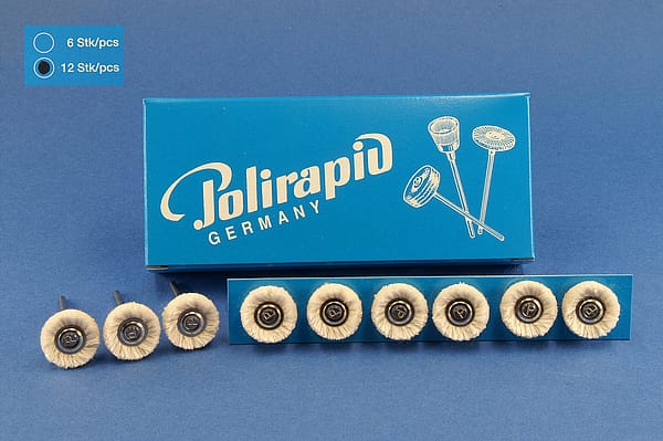 Miniaturbürsten mit Handstück, Baumwollgarn doppelt, Ø 17 mm, 103d/17 mm H, 12 Stück MBH 30 111 – POLIRAPID – DR. MONTEMERLO GMBH & CO KG, Polierbürsten, Schwabbeln