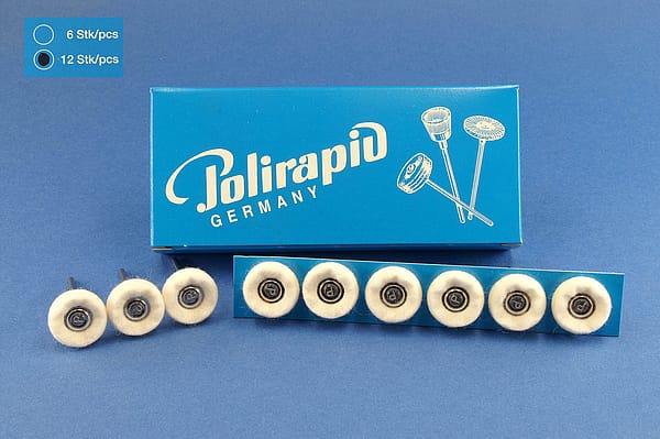 Miniaturbürsten mit Handstück, Filzscheibchen, Ø 19 mm, 101/19 mm H, 12 Stück MBH 21 201 – POLIRAPID – DR. MONTEMERLO GMBH & CO KG, Polierbürsten, Schwabbeln