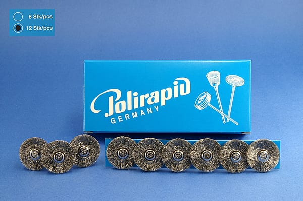 Miniaturbürsten mit Handstück, Stahldraht 0,12 mm, Ø 25 mm, 116/25 mm H S12, 12 Stück MBH 62 501 – POLIRAPID – DR. MONTEMERLO GMBH & CO KG, Polierbürsten, Schwabbeln
