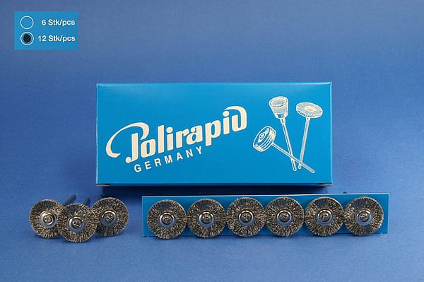Miniaturbürsten mit Handstück, Stahldraht 0,12 mm, Ø 21 mm, 116/21 mm H S12, 12 Stück MBH 62 301 – POLIRAPID – DR. MONTEMERLO GMBH & CO KG, Polierbürsten, Schwabbeln