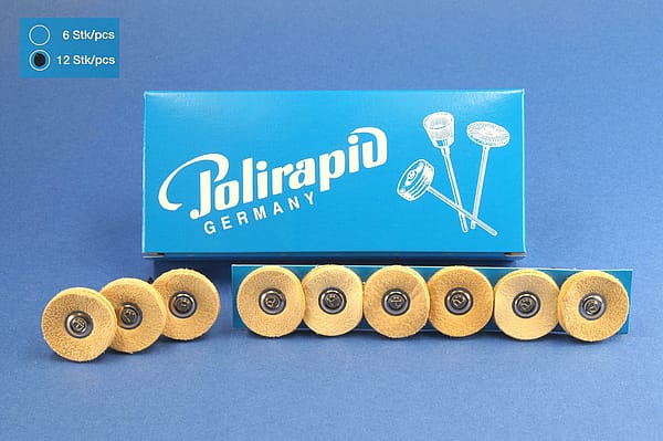 Miniaturbürsten mit Handstück, Lederscheibchen, Ø 23 mm, 100/23 mm H, 12 Stück MBH 00 401 – POLIRAPID – DR. MONTEMERLO GMBH & CO KG, Polierbürsten, Schwabbeln