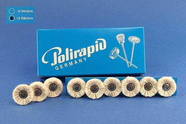 Miniaturbürsten mit Handstück, Baumwollgarn, Ø 23 mm, 103/23 mm H, 12 Stück MBH 30 401 – POLIRAPID – DR. MONTEMERLO GMBH & CO KG, Polierbürsten, Schwabbeln