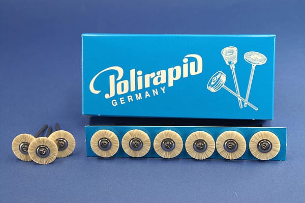 Miniaturbürsten mit Handstück, Ziegenhaar weiß, Ø 19 mm, 112/19 mm H, 12 Stück MBH 12 200 – POLIRAPID – DR. MONTEMERLO GMBH & CO KG, Polierbürsten, Schwabbeln
