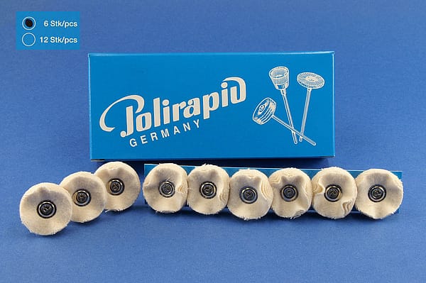 Miniaturbürsten mit Handstück, Flanellscheibchen, Ø 25 mm, 102/25 mm H, 6 Stück MBH 20 500 – POLIRAPID – DR. MONTEMERLO GMBH & CO KG, Polierbürsten, Schwabbeln