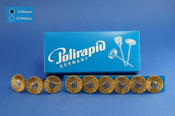 Miniaturbürsten mit Handstück, Messingdraht, Ø 23 mm, 115/23 mm H, 6 Stück MBH 58 400 – POLIRAPID – DR. MONTEMERLO GMBH & CO KG, Polierbürsten, Schwabbeln