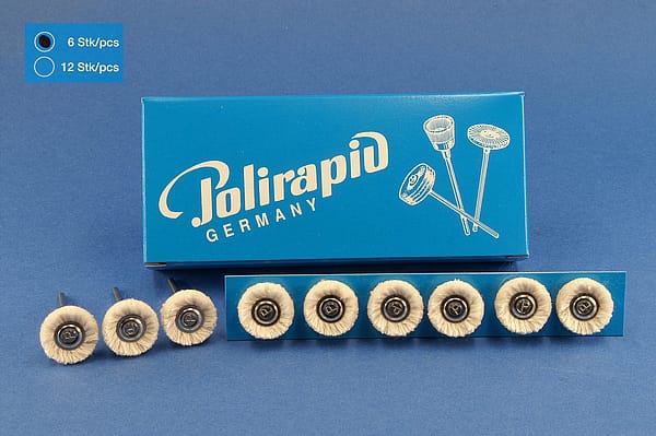 Miniaturbürsten mit Handstück, Baumwollgarn doppelt, Ø 17 mm, 103d/17 mm H, 6 Stück MBH 30 110 – POLIRAPID – DR. MONTEMERLO GMBH & CO KG, Polierbürsten, Schwabbeln