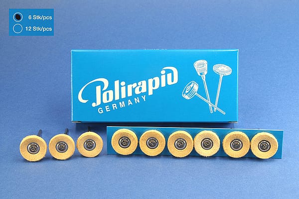 Miniaturbürsten mit Handstück, Lederscheibchen, Ø 19 mm, 100/19 mm H, 6 Stück MBH 00 200 – POLIRAPID – DR. MONTEMERLO GMBH & CO KG, Polierbürsten, Schwabbeln